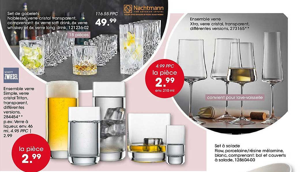 Set de gobelets Noblesse, verre cristal transparent, comprenant: 6x verre soft drink, 6x verre whiskey et 6x verre long drink.