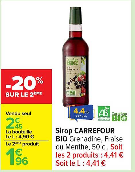 Sirop CARREFOUR BIO Grenadine, Fraise ou Menthe, 50 cl