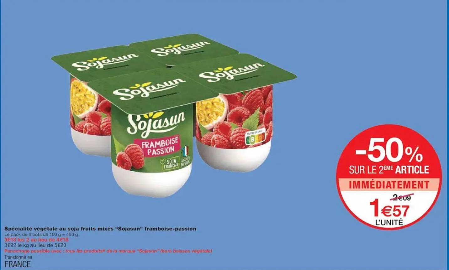 Spécialité végétale au soja fruits mixés "Sojasun" framboise-passion