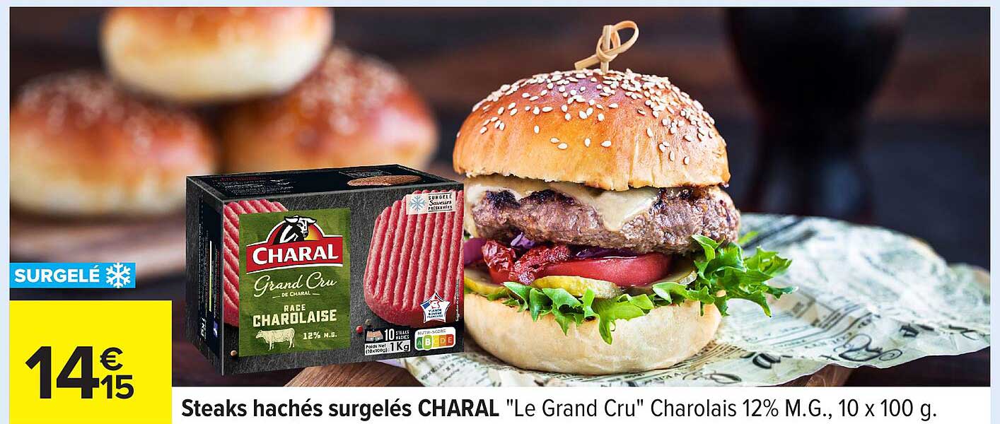 Steaks hachés surgelés CHARAL "Le Grand Cru" Charolais 12% M.G., 10 x 100 g.
