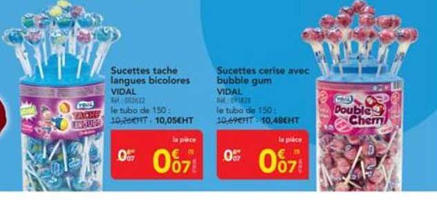 Sucettes tache langues bicolores et Sucettes cerise avec bubble gum