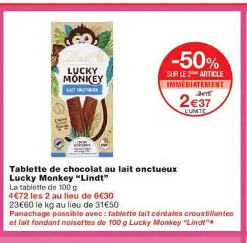 Tablette de chocolat au lait onctueux Lucky Monkey "Lindt"