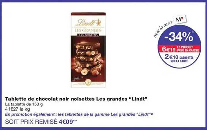 Tablette de chocolat noir noisettes Les grandes "Lindt"
