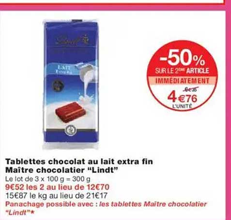 Tablettes chocolat au lait extra fin Maître chocolatier "Lindt"