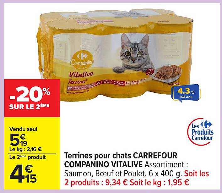 Terrines pour chats CARREFOUR COMPANINO VITALIVE Assortiment : Saumon, Boeuf et Poulet, 6 x 400 g.
