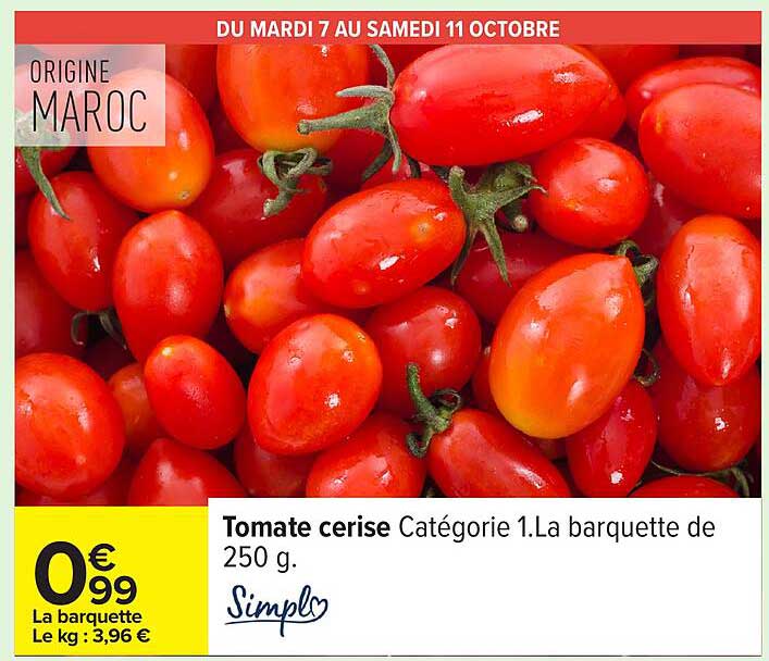 Tomate cerise Catégorie 1.La barquette de 250 g.