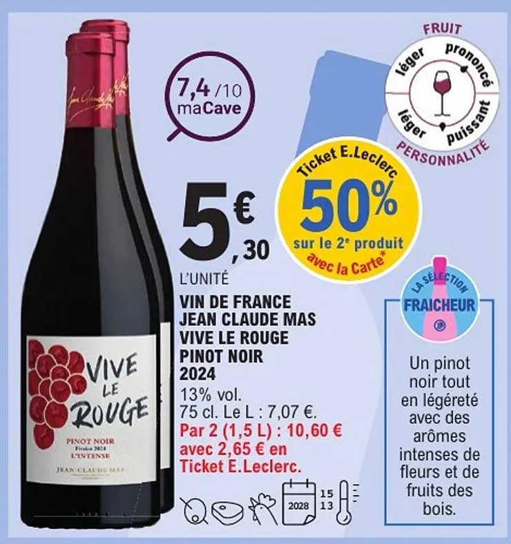 VIN DE FRANCE JEAN CLAUDE MAS VIVE LE ROUGE PINOT NOIR 2024