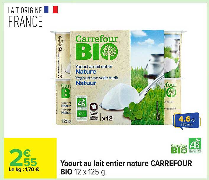 Yaourt au lait entier nature CARREFOUR BIO 12 x 125 g.