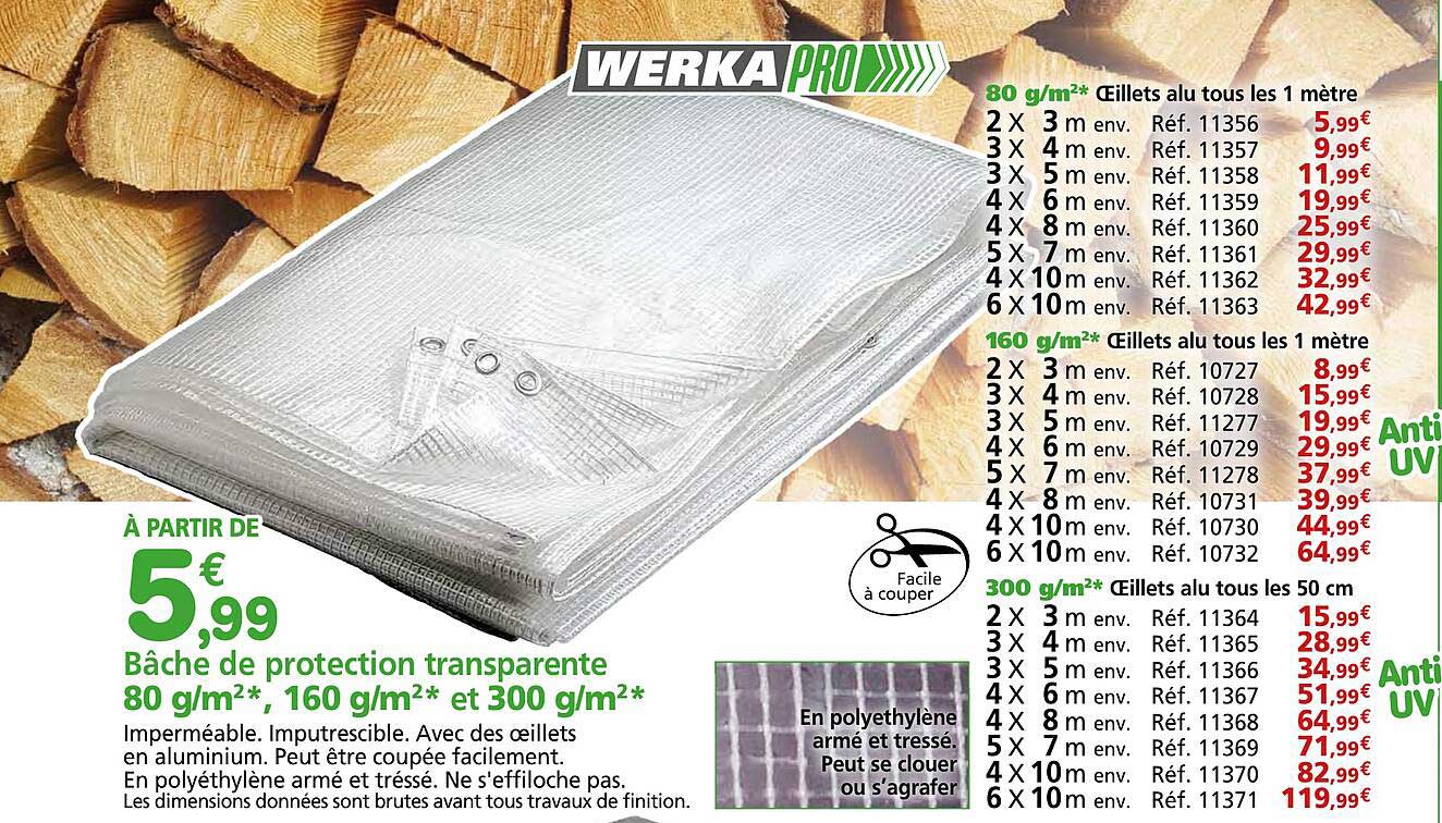 Bâche de protection transparente 80 g/m²*, 160 g/m²* et 300 g/m²*