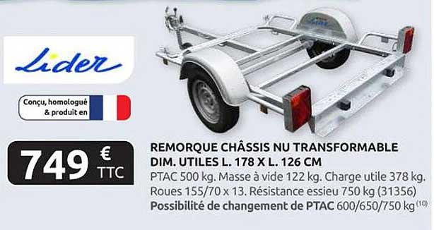 REMORQUE CHÂSSIS NU TRANSFORMABLE DIM. UTILES L. 178 X L. 126 CM