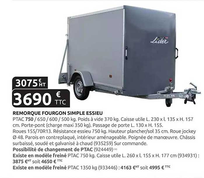 REMORQUE FOURGON SIMPLE ESSIEU