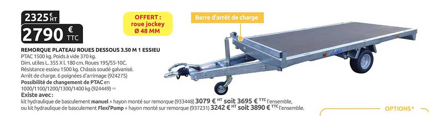 REMORQUE PLATEAU ROUES DESSOUS 3.50 M 1 ESSIEU