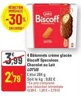 4 Bâtonnets crème glacée Biscoff Speculoos Chocolat au Lait