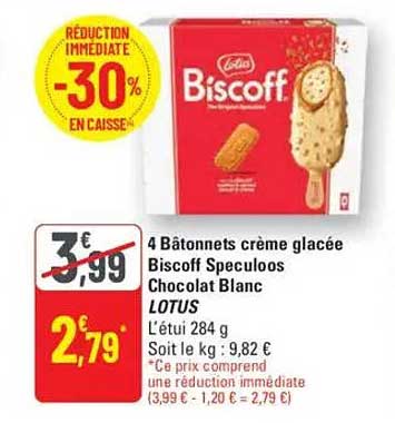 4 Bâtonnets crème glacée Biscoff Speculoos Chocolat Blanc
