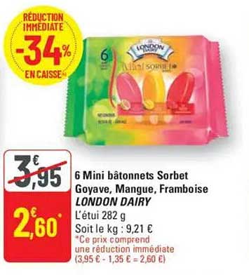 6 Mini bâtonnets Sorbet Goyave, Mangue, Framboise LONDON DAIRY