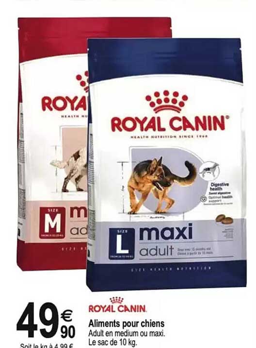 Aliments pour chiens Adult en médium ou maxi. Le sac de 10 kg.