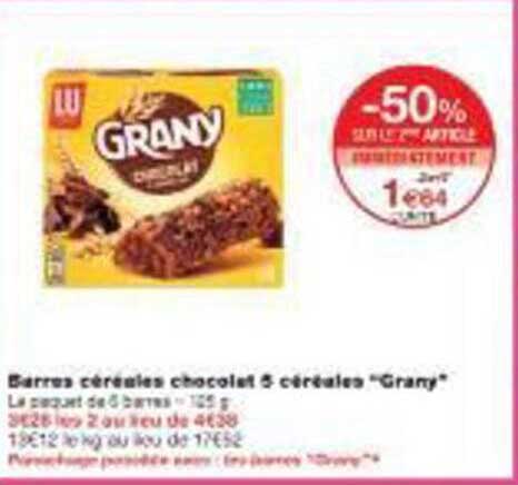 Barres céréales chocolat 6 céréales "Grany"