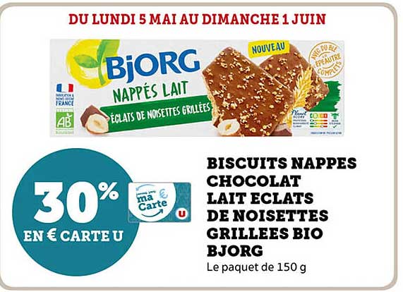 Biscuits nappés chocolat lait éclats de noisettes grillées bio Bjorg