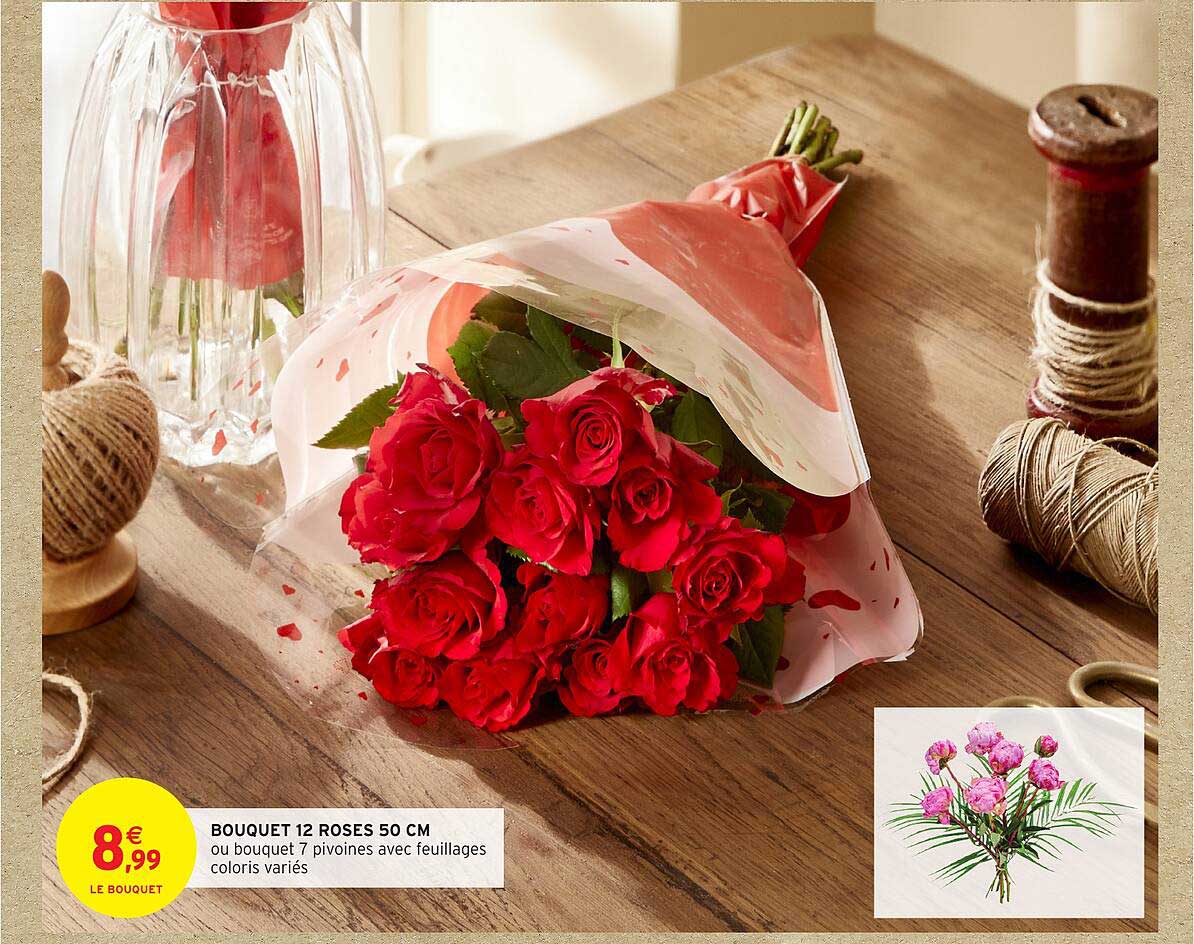 BOUQUET 12 ROSES 50 CM ou bouquet 7 pivoines avec feuillages coloris variés