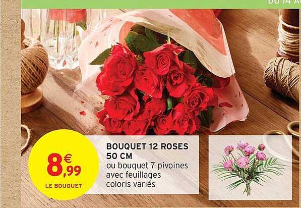 BOUQUET 12 ROSES 50 CM ou bouquet 7 pivoines avec feuillages coloris variés