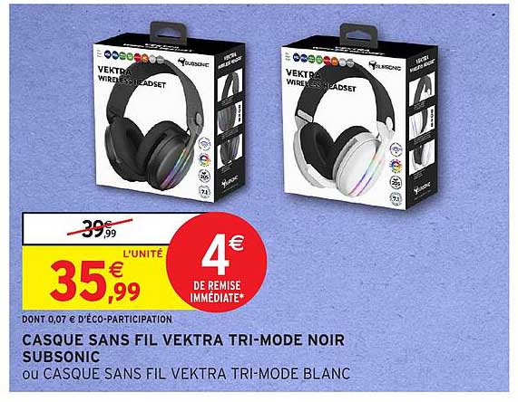 CASQUE SANS FIL VEKTRA TRI-MODE NOIR SUBSONIC ou CASQUE SANS FIL VEKTRA TRI-MODE BLANC