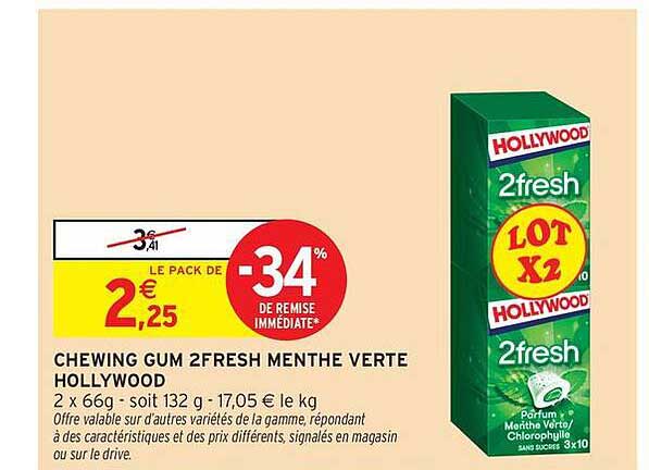 CHEWING GUM 2FRESH MENTHE VERTE HOLLYWOOD