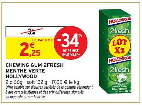 CHEWING GUM 2FRESH MENTHE VERTE HOLLYWOOD