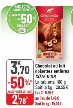 Chocolat au lait noisettes entières CÔTE D'OR