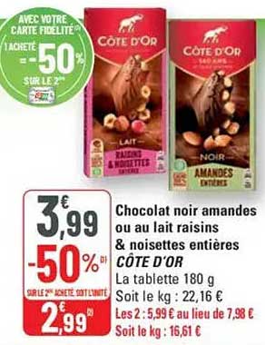 Chocolat noir amandes ou au lait raisins & noisettes entières CÔTÉ D'OR
