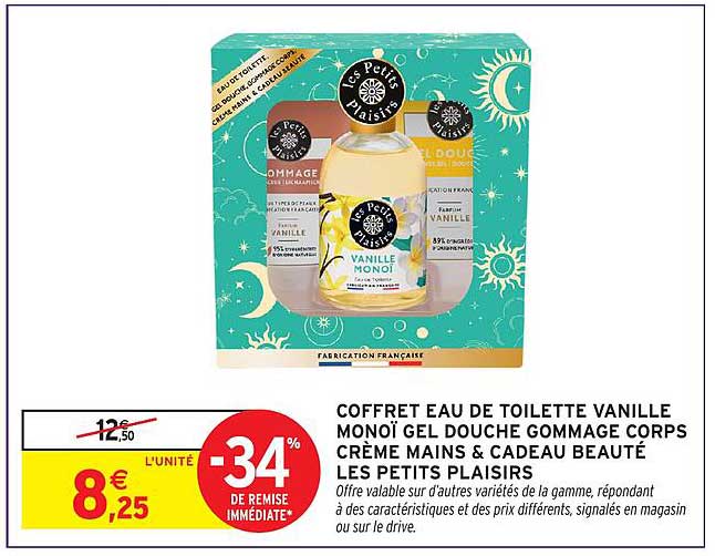 COFFRET EAU DE TOILETTE VANILLE MONOÏ GEL DOUCHE GOMMAGE CORPS CRÈME MAINS & CADEAU BEAUTÉ LES PETITS PLAISIRS