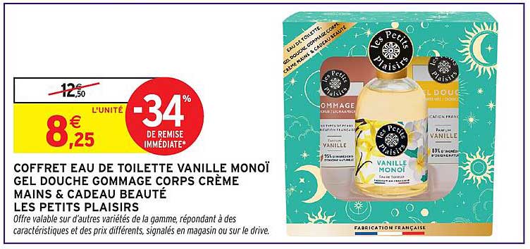 COFFRET EAU DE TOILETTE VANILLE MONOÏ GEL DOUCHE GOMMAGE CORPS CRÈME MAINS & CADEAU BEAUTÉ LES PETITS PLAISIRS