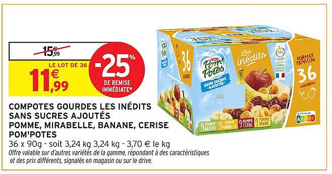 COMPOTES GOURDES LES INÉDITS SANS SUCRES AJOUTÉS POMME, MIRABELLE, BANANE, CERISE POM'POTES