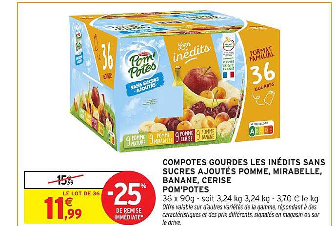 COMPOTES GOURDES LES INÉDITS SANS SUCRES AJOUTÉS POMME, MIRABELLE, BANANE, CERISE POM'POTES