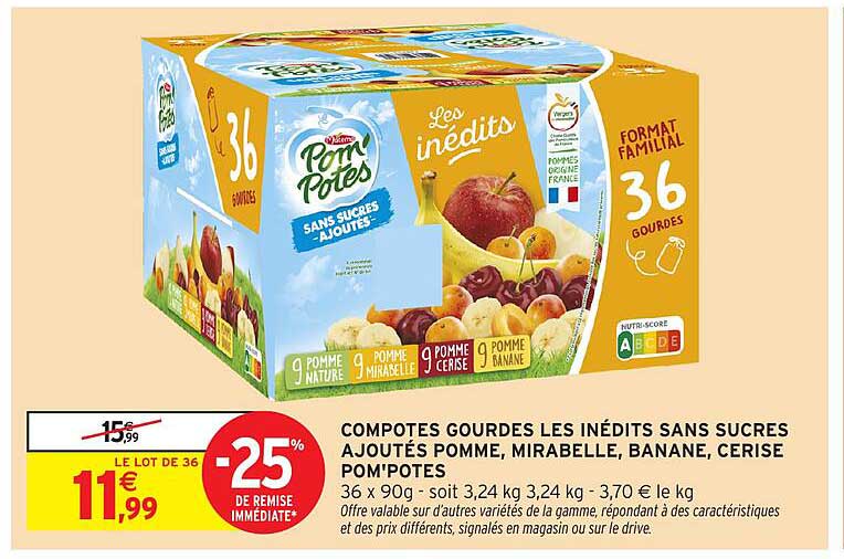 COMPOTES GOURDES LES INÉDITS SANS SUCRES AJOUTÉS POMME, MIRABELLE, BANANE, CERISE POM'POTES