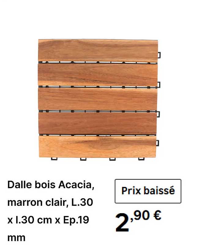 Dalle bois Acacia, marron clair, L.30 x l.30 cm x Ep.19 mm