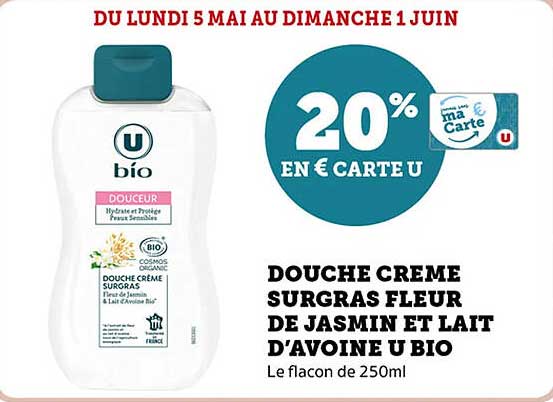 DOUCHE CRÈME SURGRAS FLEUR DE JASMIN ET LAIT D'AVOINE U BIO