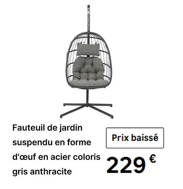 Fauteuil de jardin suspendu en forme d'œuf en acier coloris gris anthracite