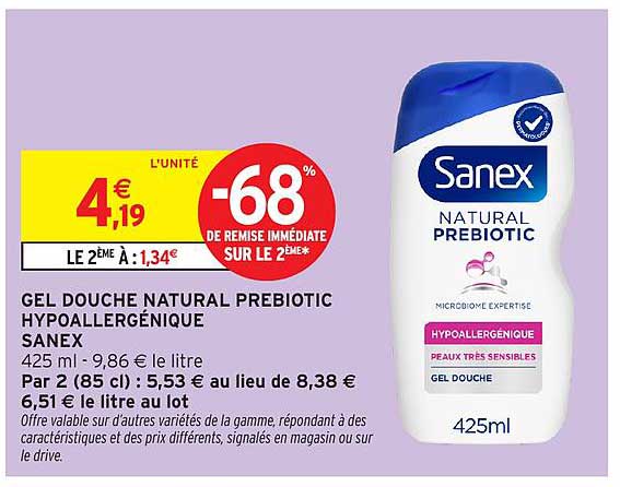 GEL DOUCHE NATURAL PREBIOTIC HYPOALLERGÉNIQUE SANEX