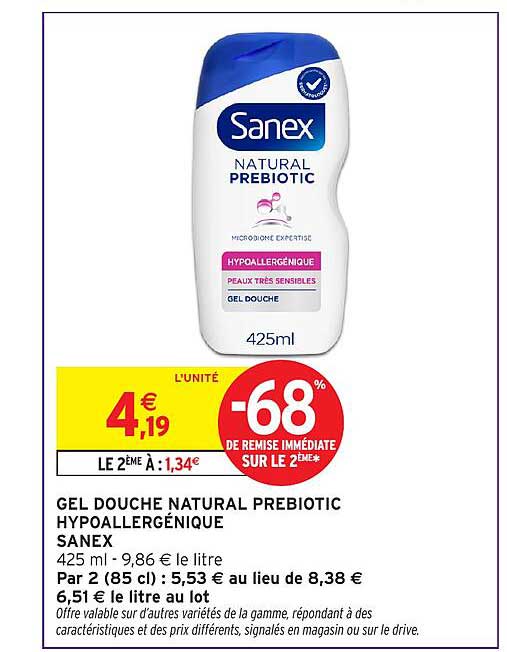 GEL DOUCHE NATURAL PREBIOTIC HYPOALLERGINIQUE SANEX