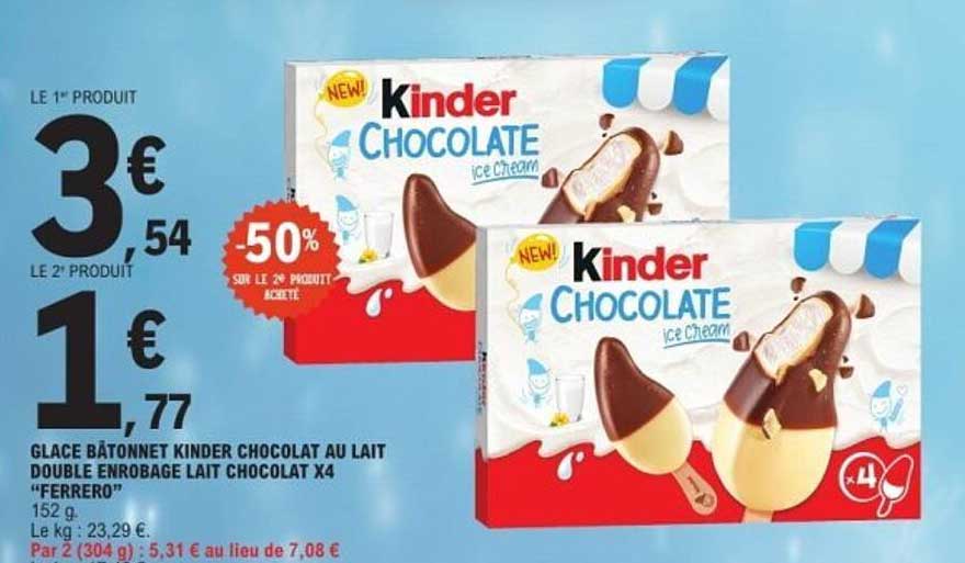GLACE BÂTONNET KINDER CHOCOLAT AU LAIT DOUBLE ENROBAGE LAIT CHOCOLAT X4 "FERRERO"