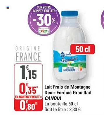 Lait Frais de Montagne Demi-Écrémé Grandlait CANDIA