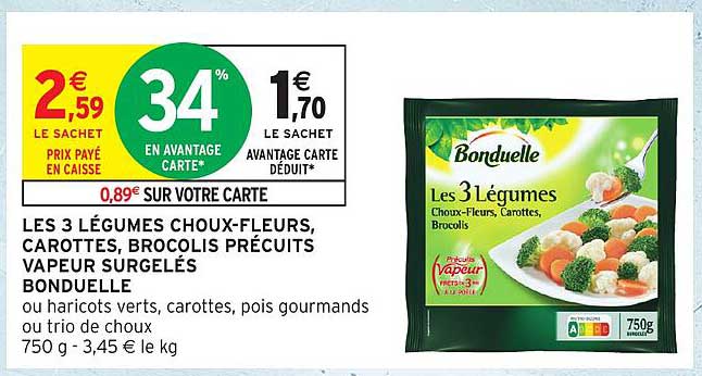 LES 3 LÉGUMES CHOUX-FLEURS, CAROTTES, BROCOLIS PRÉCUITS VAPEUR SURGELÉS BONDUELLE