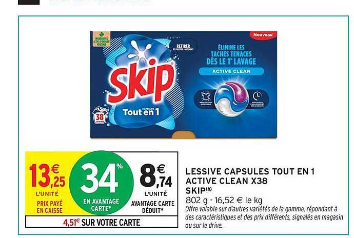 LESSIVE CAPSULES TOUT EN 1 ACTIVE CLEAN X38 SKIP
