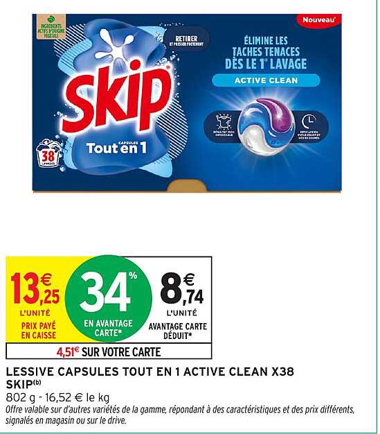 LESSIVE CAPSULES TOUT EN 1 ACTIVE CLEAN X38 SKIP