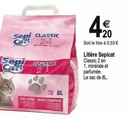 Litière Sepicat Classic 2 en 1, minérale et parfumée.
