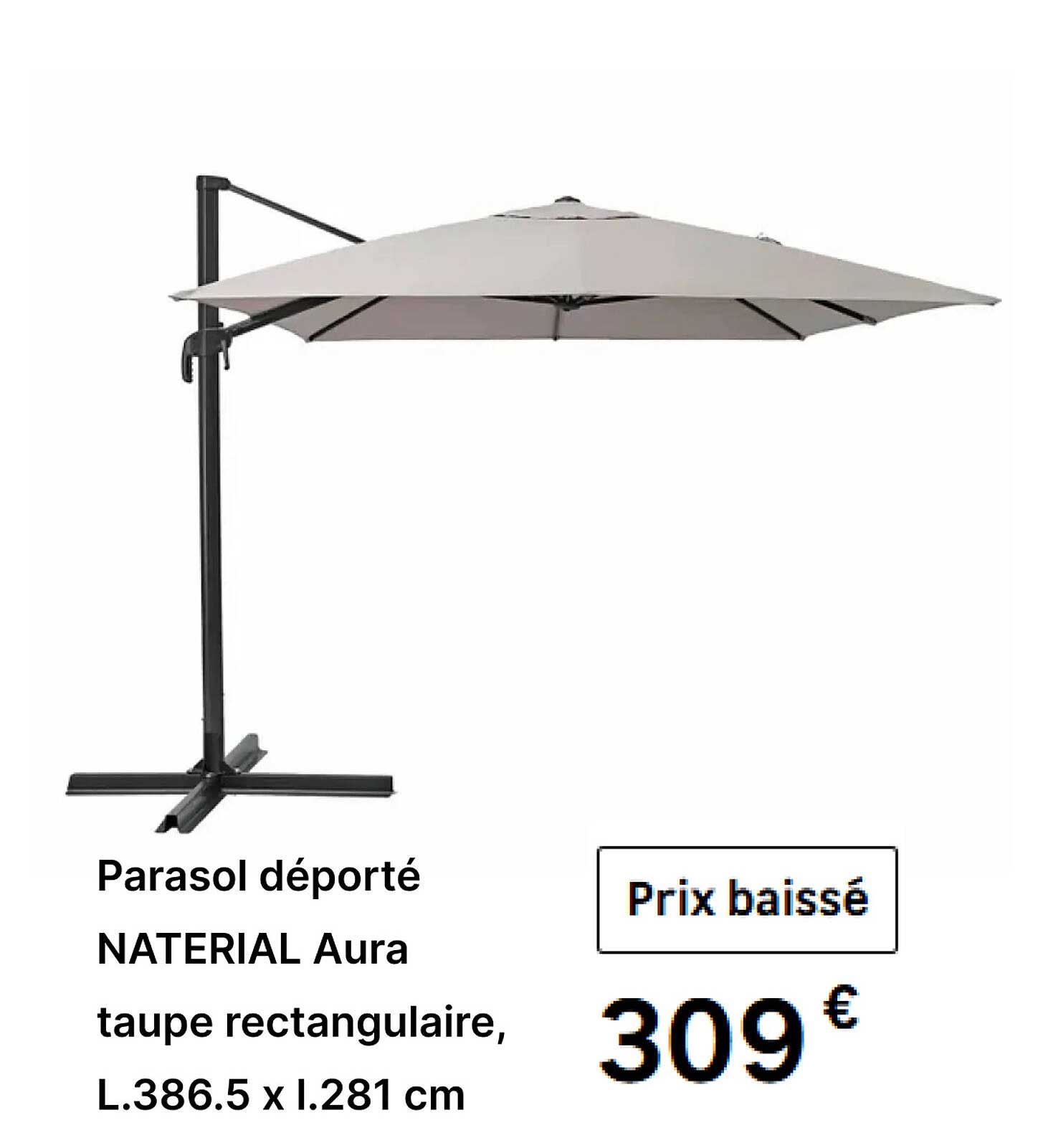 Parasol déporté NATERIAL Aura taupe rectangulaire, L.386.5 x l.281 cm