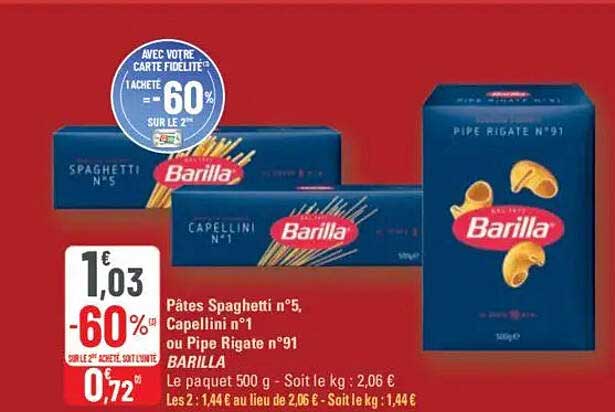 Pâtes Spaghetti n°5, Capellini n°1 ou Pipe Rigate n°91 - BARILLA