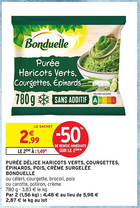PURÉE DÉLICE HARICOTS VERTS, COURGETTES, ÉPINARDS, POIS, CRÈME SURGELÉE BONDUELLE