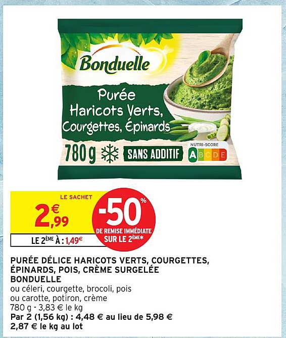 PURÉE DÉLICE HARICOTS VERTS, COURGETTES, ÉPINARDS, POIS, CRÈME SURGELÉE BONDUELLE