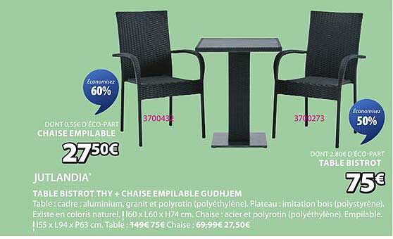 TABLE BISTROT THY + CHAISE EMPILABLE GUDHJEM
